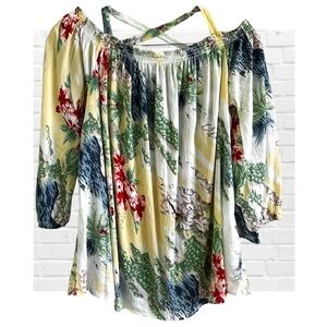 Chaps Denim Floral Off-Shoulder Women's Top Tropical Beach Coastal Size M Gauze